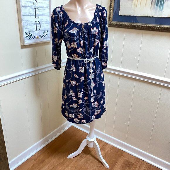 LUCKY BRAND Women's Small floral navy blue dress knee length 3/4 sleeve shift - Picture 7 of 7